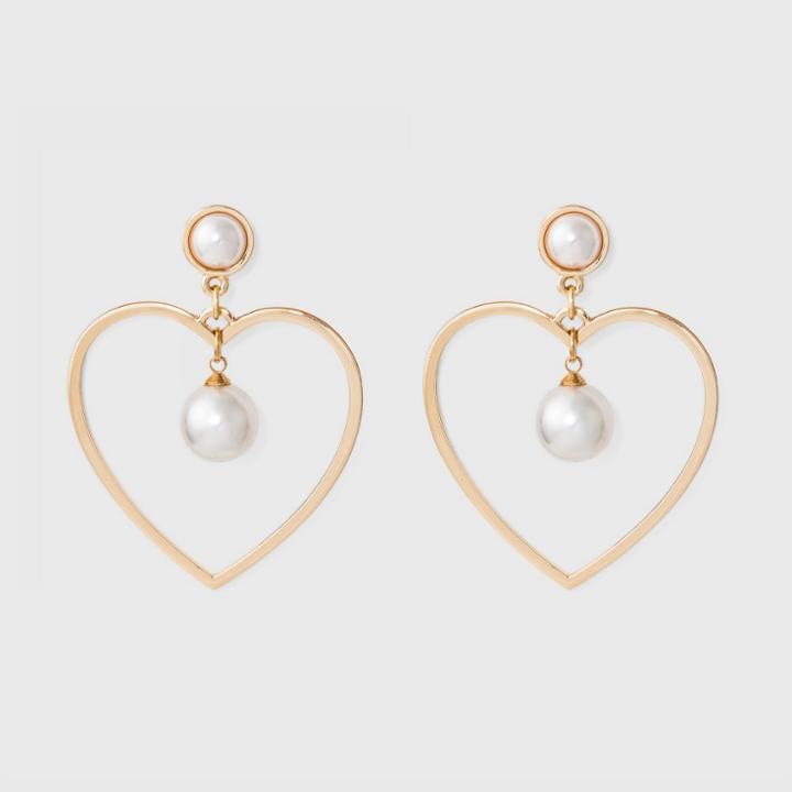 Target Open Work Heart And Simulated Pearl Drop Earrings - Gold, White
