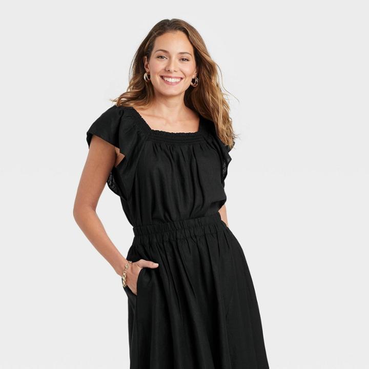 Women's Ruffle Short Sleeve Smocked Top - A New Day Black