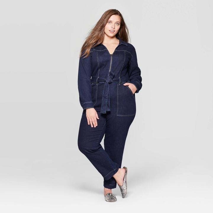 Women's Plus Size Long Sleeve Collared Tie-front Jumpsuit - Universal Thread Indigo
