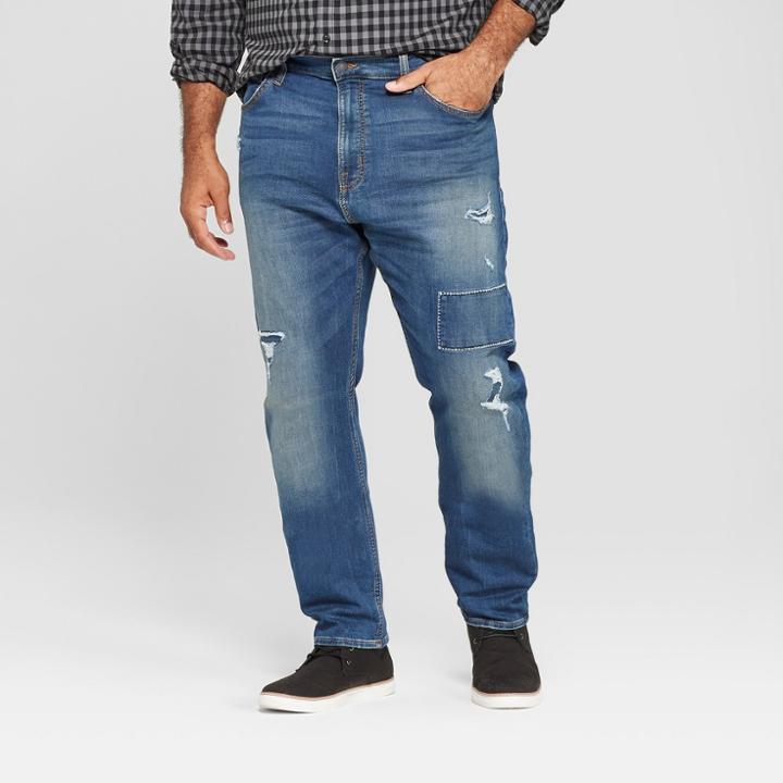 Men's Tall Taper Fit Medium Patched With Destruction Jeans - Goodfellow & Co Vintage Indigo