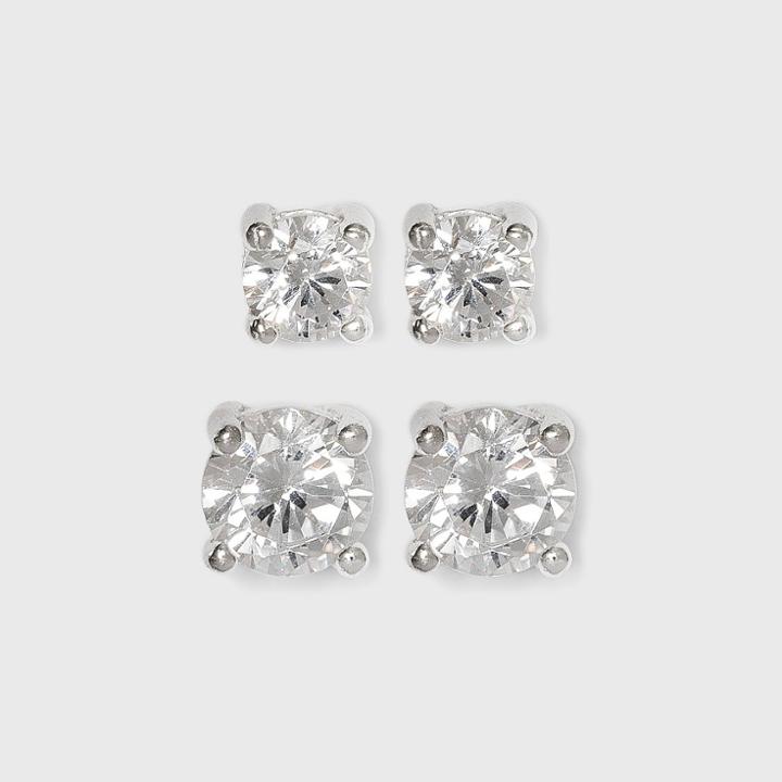 Sterling Silver Duo Round Cubic Zirconia Stud Earring Set 2pc - A New Day Clear