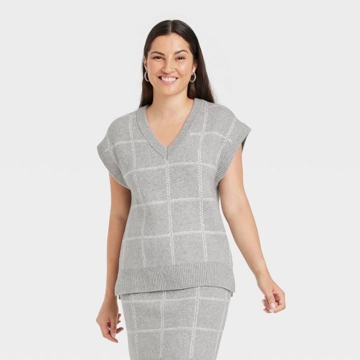 Women's V-neck Sweater Vest - A New Day Gray Windowpane