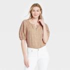 Women's Puff Elbow Sleeve Button-down Blouse - Universal Thread Tan
