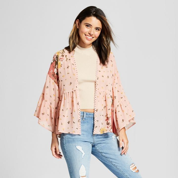 Women's Floral Print Bell Sleeve Sheer Kimono - Xhilaration Pink