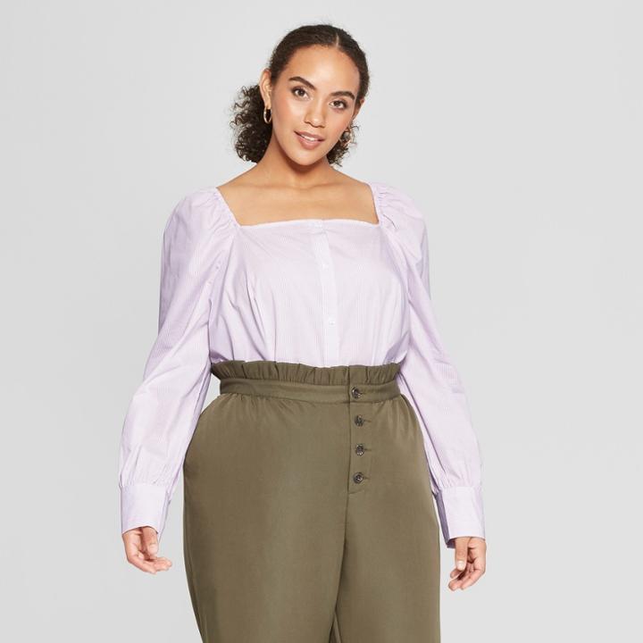 Women's Plus Size Striped Long Sleeve Square Neck Button-up Shirt - Who What Wear White/purple X