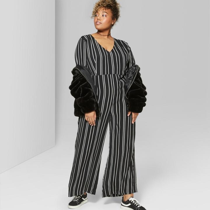 Women's Plus Size Striped Tie Short Sleeve Jumpsuit - Wild Fable Black/white