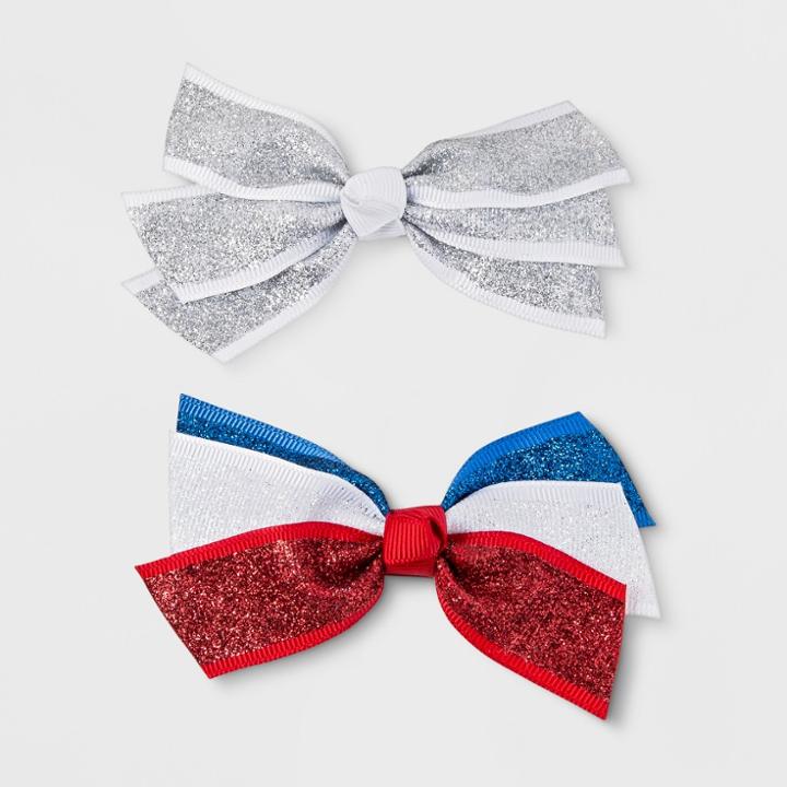 Toddler Girls' 2pk Glitter Ribbon Bows Hair Clips - Cat & Jack, Red/white/blue