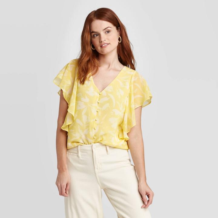 Women's Floral Print Flutter Short Sleeve Button-front Top - A New Day Green