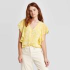 Women's Floral Print Flutter Short Sleeve Button-front Top - A New Day Green