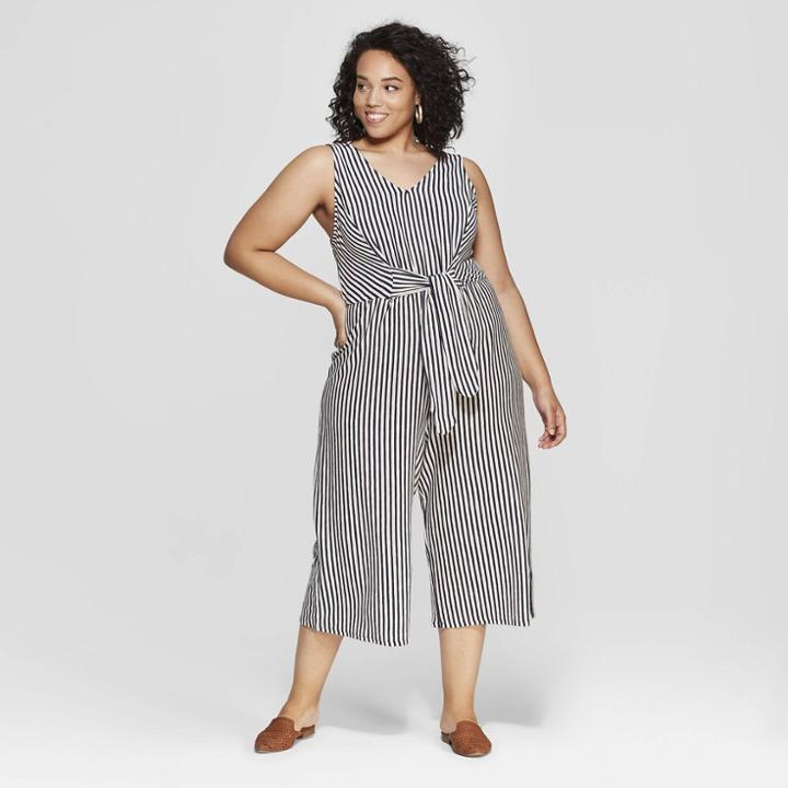Women's Plus Size Striped Sleeveless Tie Front Jumpsuit - Universal Thread Blue