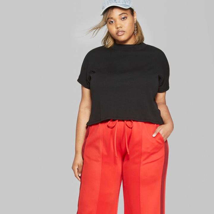 Women's Plus Size Cropped Mock Neck Boxy Short Sleeve T-shirt - Wild Fable Black