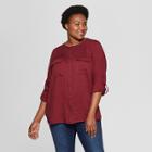 Women's Plus Size Utility Pocket Long Sleeve Shirt - Ava & Viv Burgundy (red)