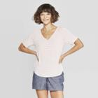 Women's Striped Short Sleeve V-neck Raglan T-shirt - A New Day White/light Pink