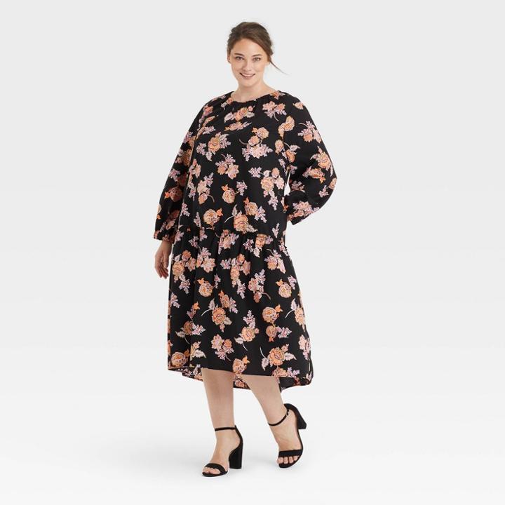 Women's Plus Size Raglan Long Sleeve High Low Dress - Who What Wear Black Floral