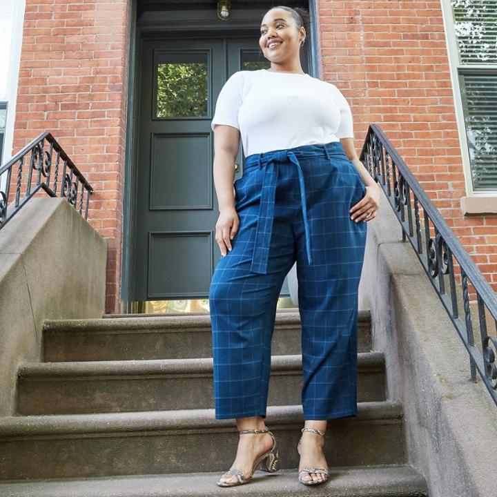 Women's Plus Size Plaid Tie Waist Straight Pants - A New Day Blue