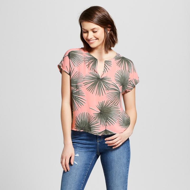 Women's Printed Short Sleeve Tie Back Blouse - A New Day Coral