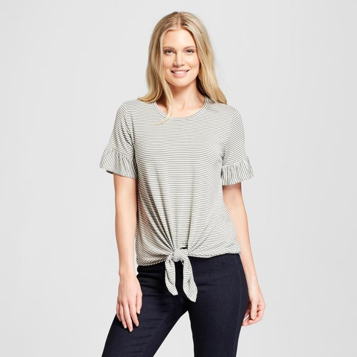 Women's Striped Short Ruffle Sleeve Tie Front T-shirt - Loramendi Green