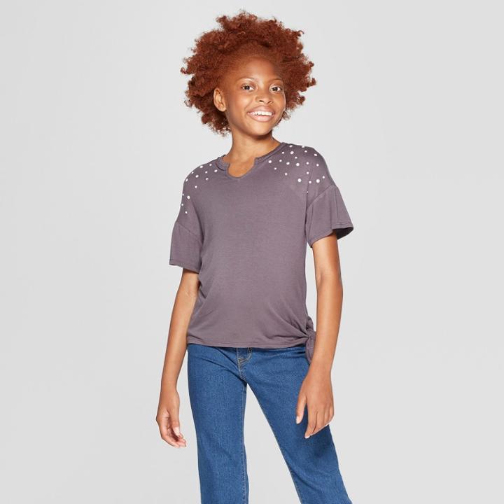 Girls' Pearl Front Short Sleeve Tie T-shirt - Art Class Gray