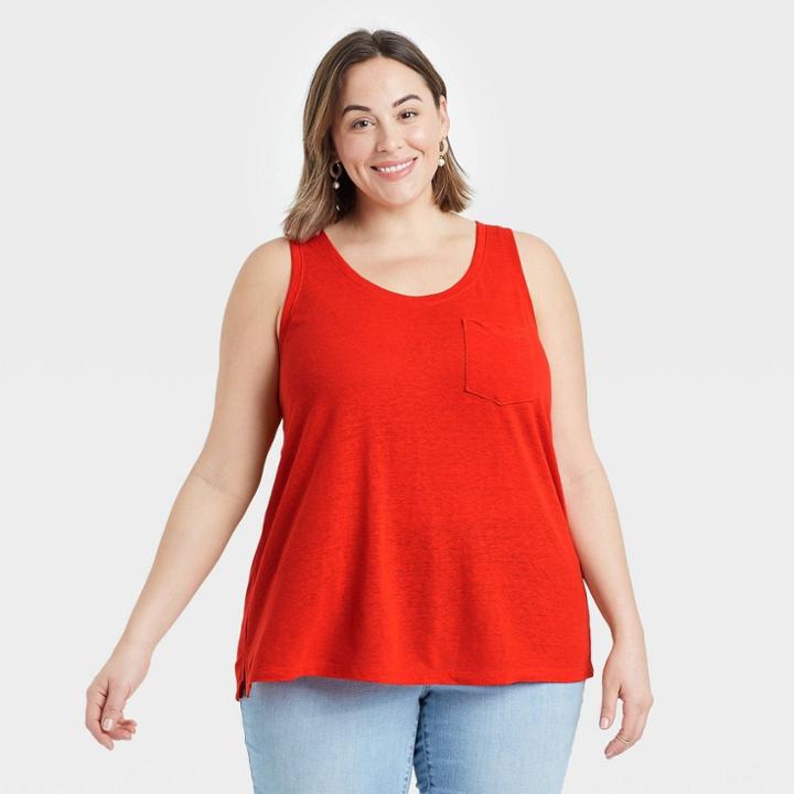 Women's Plus Size Linen Pocket Tank Top - Ava & Viv Red X