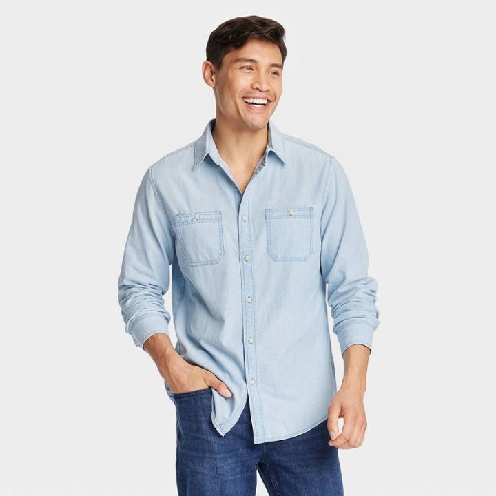 Men's Denim Long Sleeve Button-down Shirt - Goodfellow & Co Light Wash