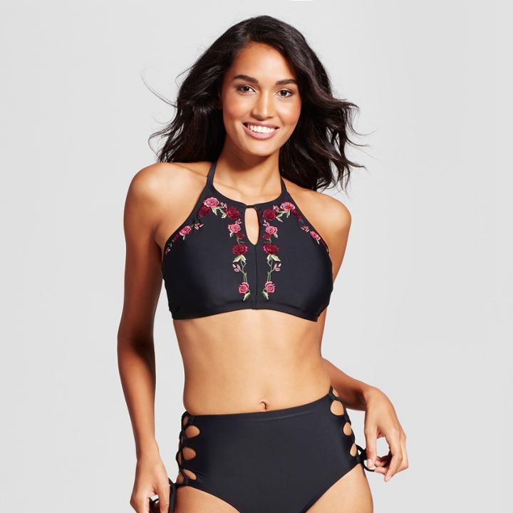 Women's Embroidered Cut Out High Neck Bikini Top - Xhilaration Black D/dd Cup