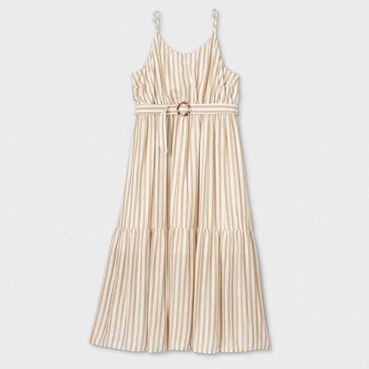 Women's Plus Size Striped Sleeveless Belted Maxi Dress - Ava & Viv Tan X