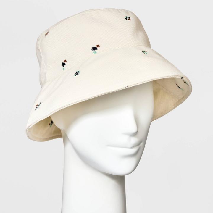 Women's Embroidered Corduroy Bucket Hat - Universal Thread Ivory