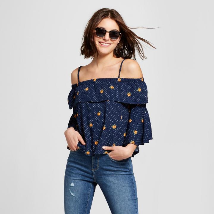 Women's Floral Print 3/4 Sleeve Cold Shoulder Top - Lily Star (juniors') Navy