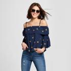 Women's Floral Print 3/4 Sleeve Cold Shoulder Top - Lily Star (juniors') Navy