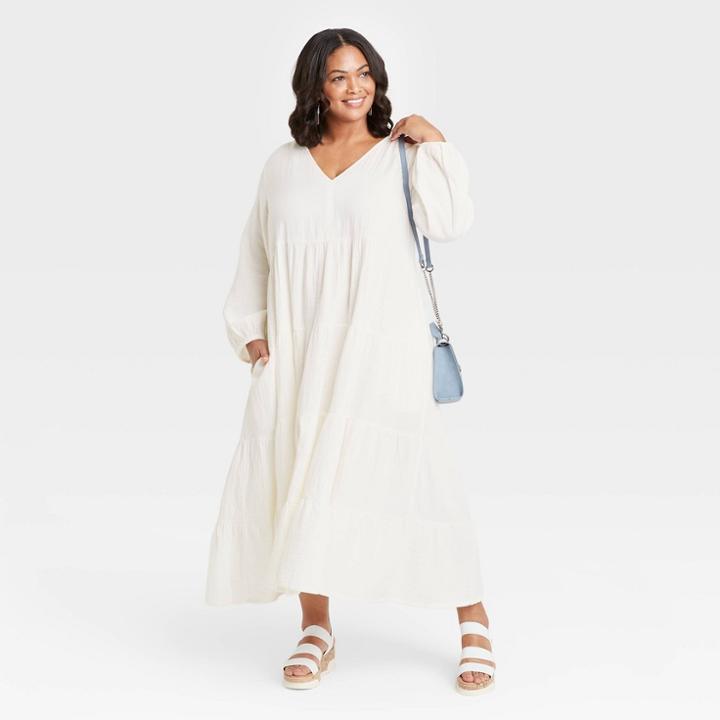 Women's Plus Size Balloon Long Sleeve Tiered Dress - Universal Thread White