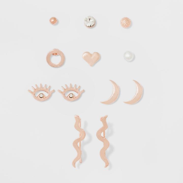 Heart, Evil Eye, Snake And Moon Mix And Match Earring Set 9ct - Wild Fable Rose Gold