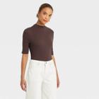 Women's Elbow Sleeve Mock Turtleneck T-shirt - A New Day Brown