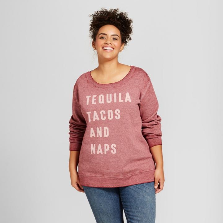 Women's Plus Size Tequila, Tacos And Naps Graphic Sweatshirt - Zoe+liv Burgundy