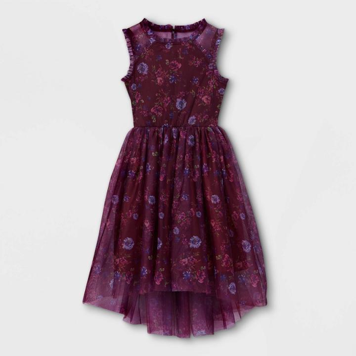 Zenzi Girls' Floral Mesh Dress - Burgundy