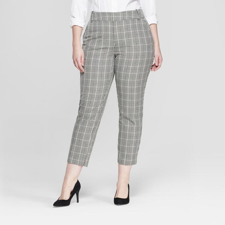 Women's Plus Size Plaid Comfort Waistband Plaid Ankle Pants - Ava & Viv Gray 16w,