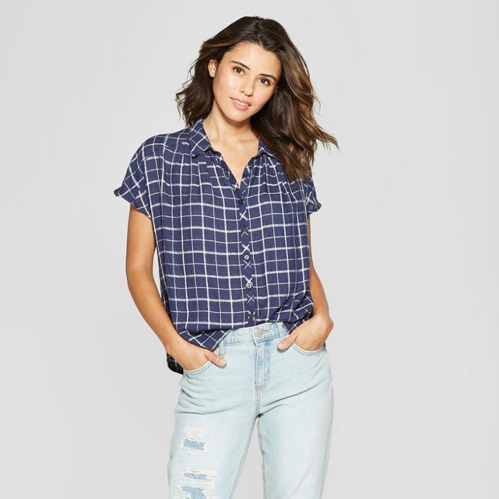 Women's Plaid Short Sleeve Button-down - Universal Thread Blue