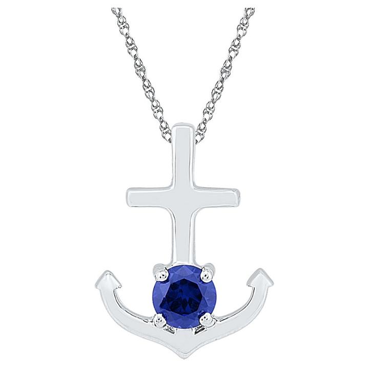 Target Round Lab Created Blue Sapphire Anchor Pendant In Sterling Silver, Girl's, White