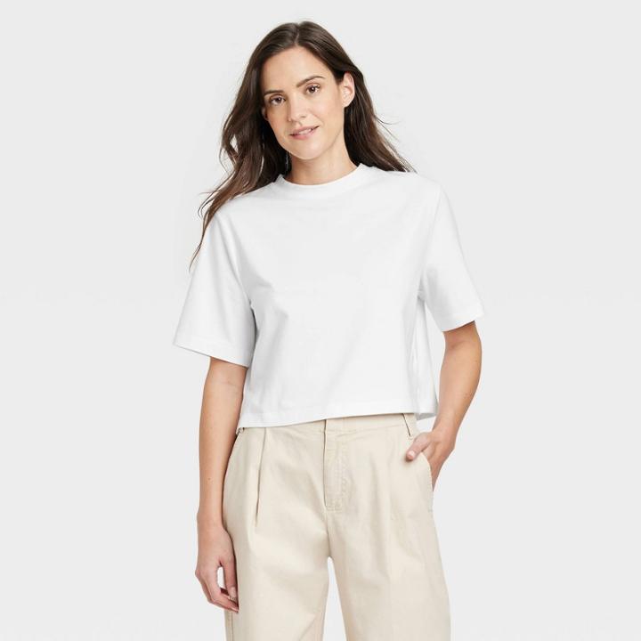 Women's Elbow Sleeve Boxy Cropped T-shirt - A New Day White