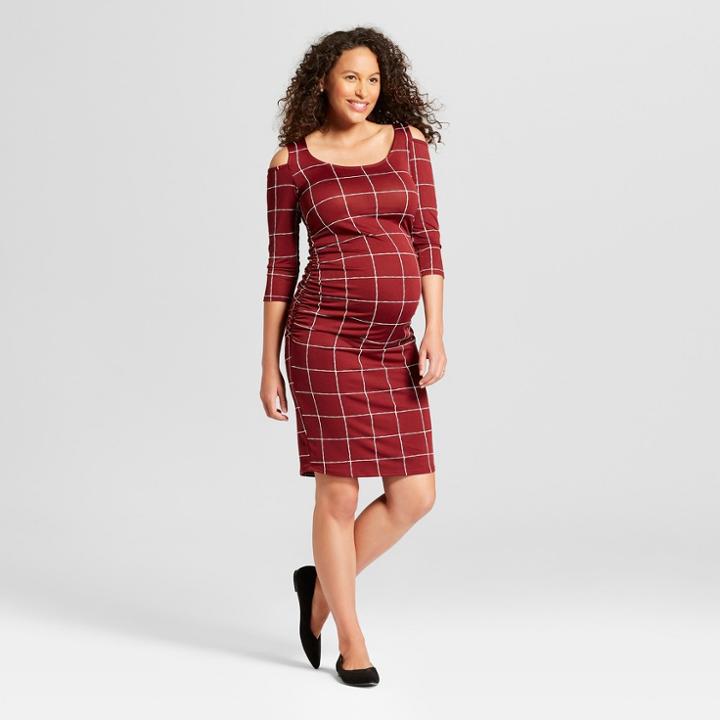 Maternity Cold Shoulder Bodycon Dress - Expected By Lilac - Burgundy Grid Xl, Infant Girl's, Red