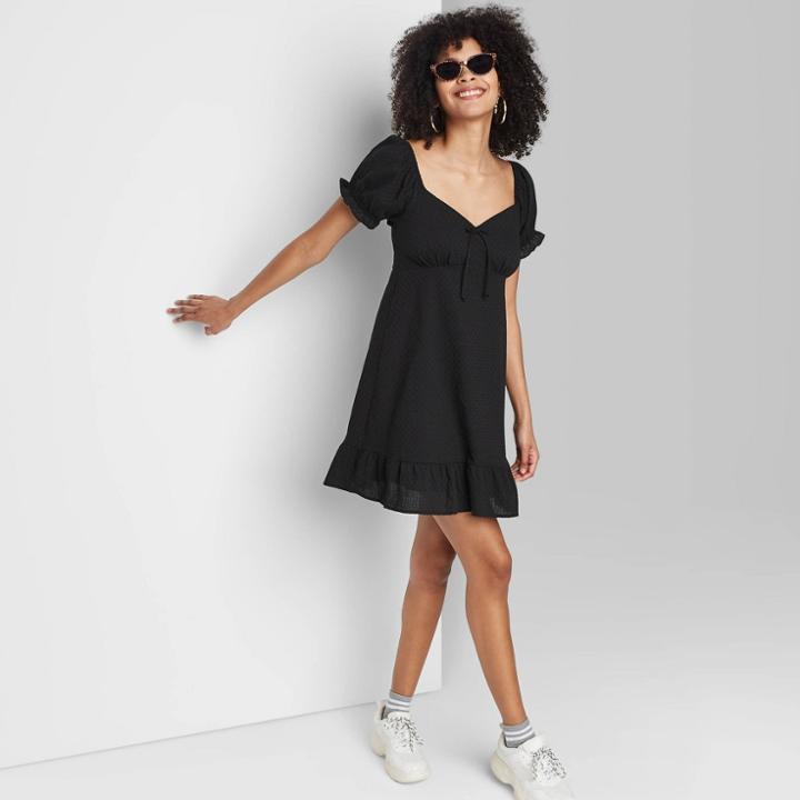 Women's Short Sleeve Sweetheart Ruffle With Tie-back Dress - Wild Fable Black