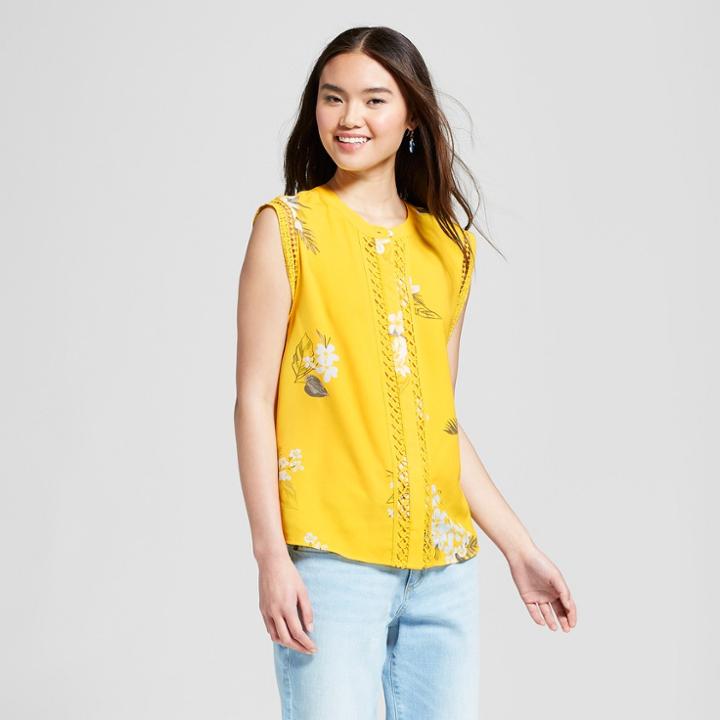 Women's Floral Print Sleeveless Crochet Detail Blouse - A New Day Yellow