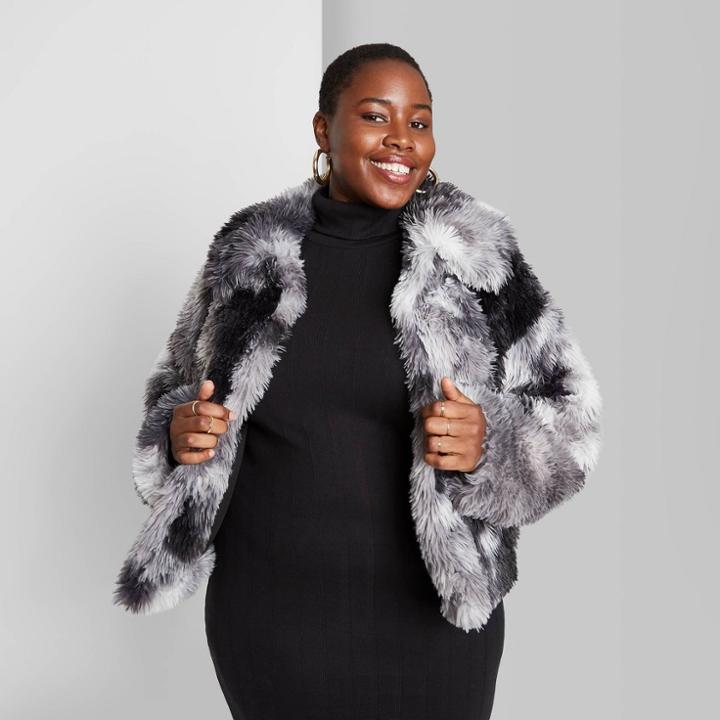 Women's Plus Size Tie-dye Faux Fur Jacket - Wild Fable Black/white
