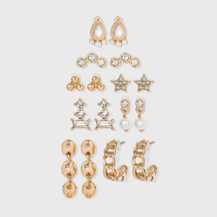 Multi Pearl And Cubic Zirconia Stud And Hoop Earring Set 8pc - A New Day Gold