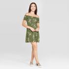 Women's Floral Print Short Sleeve Off The Shoulder Button-down Knit Dress - Xhilaration Olive