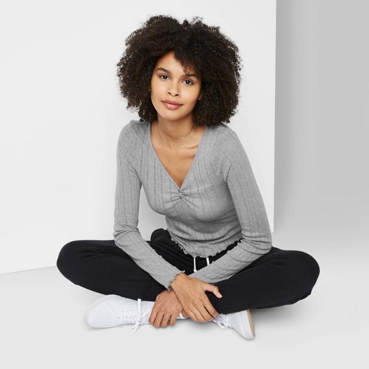 Women's Long Sleeve V-neck Button T-shirt - Wild Fable Heather Gray