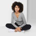 Women's Long Sleeve V-neck Button T-shirt - Wild Fable Heather Gray