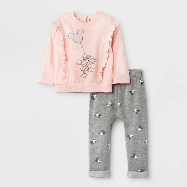 Disney Baby Girls' 2pc Minnie Mouse Fleece Pullover And Jogger Set - Light Pink Newborn