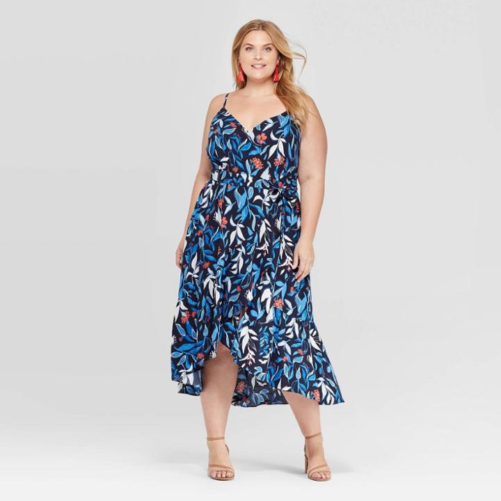 Women's Plus Size Floral Print Sleeveless V-neck Ruffle Wrap Dress - Ava & Viv Navy