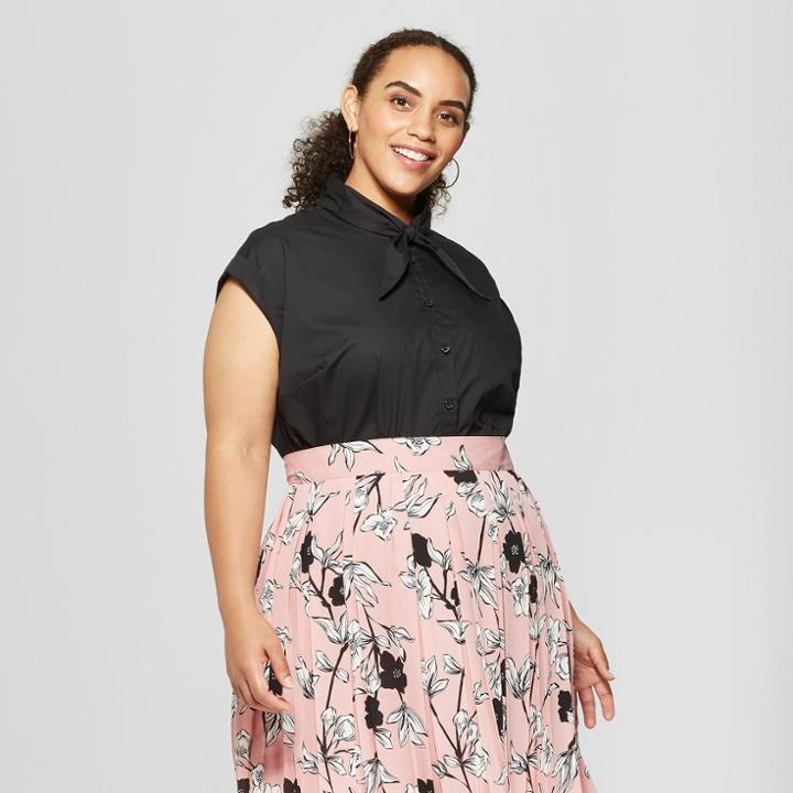 Women's Plus Size Boxy Tie Neck Shirt - Who What Wear Black