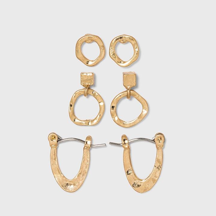 Hammed Metal Hoop And Stud Earring Set 3pc - A New Day Gold